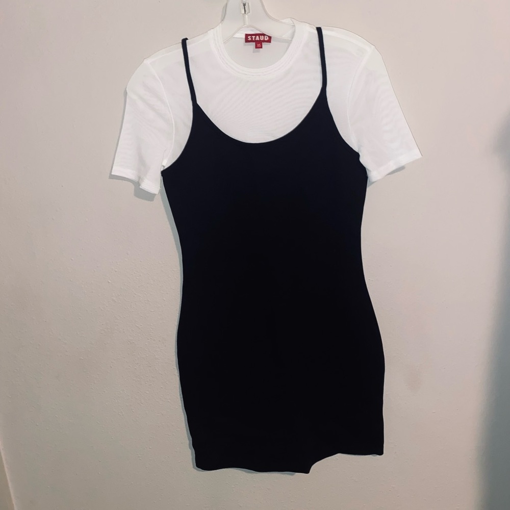 NWOT STAUD GWEN BLACK MINI DRESS W MESH UNDERSHIRT